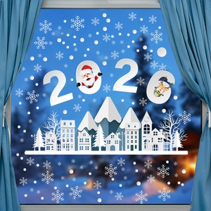 Detail of 2026 Christmas window decals with Santa, reindeer and winter village silhouette