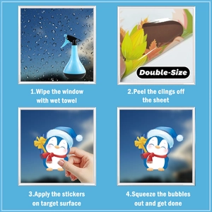 Blue Christmas penguin window sticker application guide with four-step installation steps