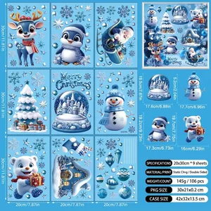 Detailed sheet of blue Christmas window stickers with Santa, penguin, and snowflake sizes