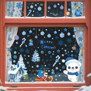Detailed Christmas window stickers with polar bears and snowflakes on red wooden frames