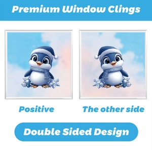 Double-sided window cling featuring a cute penguin with blue Santa hat and snowflakes