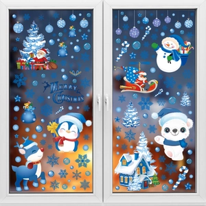 Blue Christmas window stickers set with snowman, penguins and Merry Christmas lettering