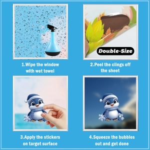 Guide showing 4 easy steps to apply double-sided blue Christmas penguin window stickers