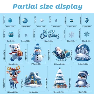 Size guide for blue Christmas window stickers featuring Santa, reindeer and snowflakes