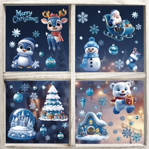 Blue Christmas window decals featuring Santa, reindeer, and snowflakes on glass