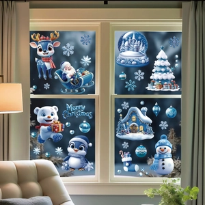 Blue Christmas window stickers set with Santa, reindeer, and snowflakes for glass