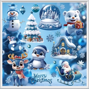 Blue Christmas window stickers featuring Santa, polar bears, and snowflakes decor