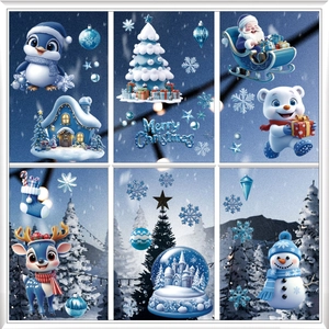 Blue Christmas window clings set featuring Santa, penguins and winter scenes