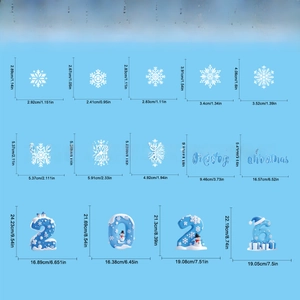 Detailliertes Blatt mit 2026 Schneemann- und Schneeflocken-Fensteraufklebern mit Maßen