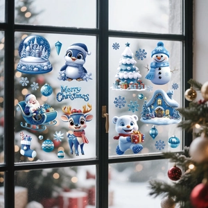 Blue and white Christmas window stickers featuring Santa Claus and polar bear designs