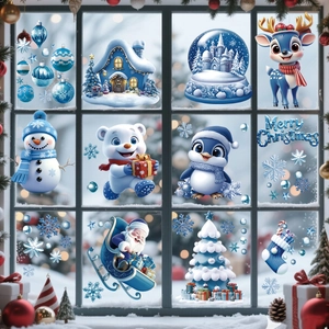Blue White Christmas Window Clings Double Sided Static PVC Decals Santa Claus Reindeer Snowman Holiday Glass Decoration