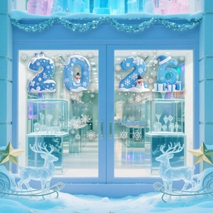 Detail der blauen Fensteraufkleber 2026 mit Schneemann und 3D-Eis-Effekten