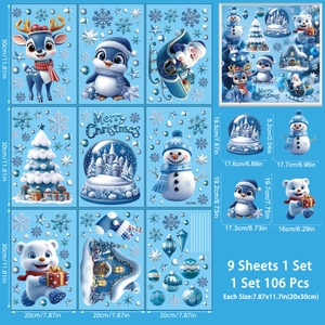 Set of 9 blue Christmas window clings featuring 106 pieces of Santa, reindeer, and snowflakes