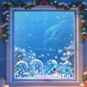 Detail eines 3D-Weihnachtsfensteraufklebers 2026 mit Schneemann und blauer Geschenkbox