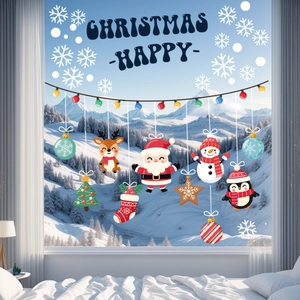 Cartoon Weihnachtsfensterbilder mit Weihnachtsmann und Rentier für festliche Fensterdeko