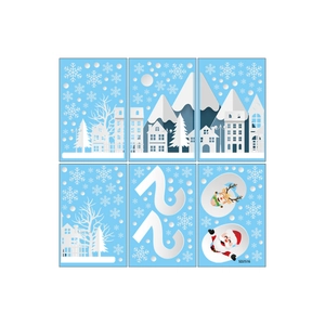 Winter Christmas 2026 window stickers featuring white paper-cut snow town and reindeer