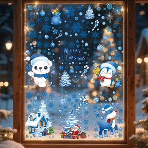 Blue Christmas window stickers set featuring polar bears, penguins, and Santa Claus