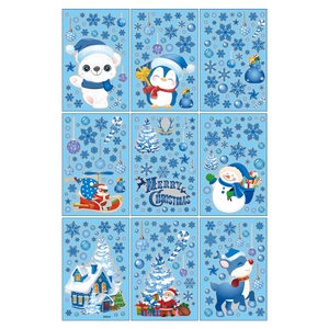 Blue Christmas window stickers set featuring cartoon snowmen, penguins and snowflakes