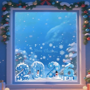 3D 2026 Blaue Weihnachts-Schneemann-Ornamente und Schneeflocken-Fensterdekorationen