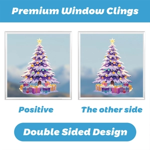 Detail of double sided Christmas tree window cling with colorful gift boxes on snowy background