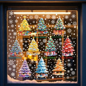 Colorful Christmas tree static window clings with snowflakes and Merry Christmas text decor