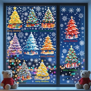 Colorful Christmas tree window stickers with snowflakes and gift boxes on glass