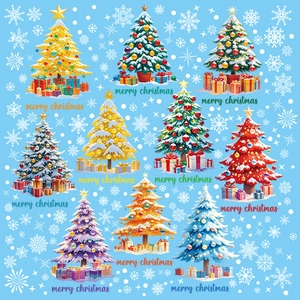 Detail of 10 colorful Christmas tree static stickers with gift boxes and snowflakes
