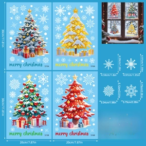 Detailed view of 4-sheet 98pcs Christmas tree and snowflake static window stickers set