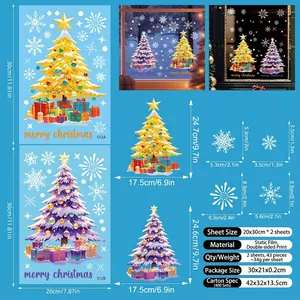 Detailed size guide of Christmas tree static window stickers with colorful snowflake decals