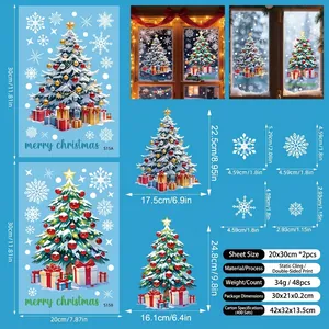 Detailed size chart for Christmas tree static window clings with 48 festive snowflake decals