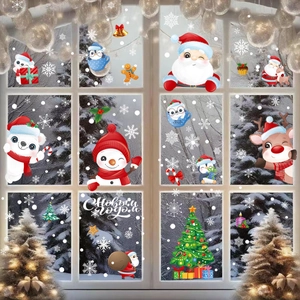 Detailed scene of Christmas window decals with Santa Claus and Russian holiday greetings