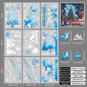 Detailed set of 9 blue and white Christmas window stickers with snowflakes and reindeer