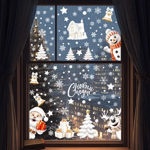 Detailed Christmas window decals featuring Santa, snowman, and white snowflakes on glass