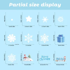 Guide des tailles détaillé pour stickers de Noël avec dimensions de flocons et de bonhommes