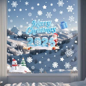 Détail de stickers de fenêtre 3D avec texte Merry Christmas et flocons de neige 2026