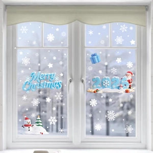 Détail de stickers 3D Joyeux Noël et 2025 flocons de neige statiques sur vitres