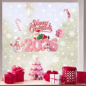 Détail de stickers 3D Noël 2026 roses avec Père Noël et bonhomme de neige déco