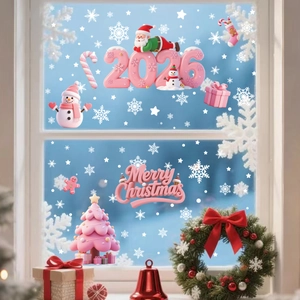 Stickers de fenêtre Noël 3D avec Père Noël rose 2026 et bonhomme de neige décoratif