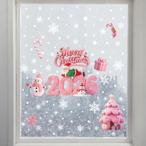 Stickers de fenêtre Noël 3D roses avec bonhomme de neige et Père Noël sur verre