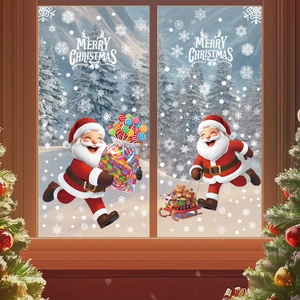 Christmas Window Clings PVC Static Film Double Sided Santa Claus Snowflakes Reusable Glass Decals For Holiday Home Party Decoration