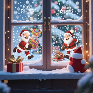 3D Santa Claus and white snowflakes static window stickers for Christmas home decoration