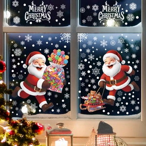 Christmas window decals set featuring Santa Claus and snowflakes for festive home decoration