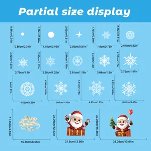 Size chart showing Santa, snowflake, and Merry Christmas stickers with precise dimensions