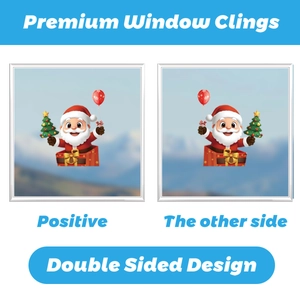 Detail of double-sided Christmas window clings featuring Santa and premium gift box design