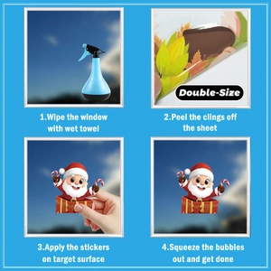 Four-step guide for applying double-sided Santa Claus window stickers on glass