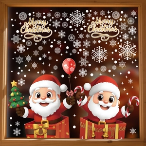 Detail of 3D Santa Claus and Merry Christmas stickers on a wooden window frame