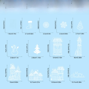 Size chart showing dimensions for Christmas window decals including snowflakes and houses