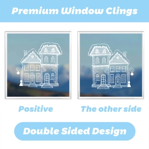 Detailed view of double-sided white snow house window clings for Christmas decor