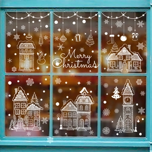 White Christmas window decals with European houses, snowmen and hanging ornaments