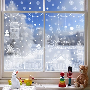 Christmas window decals set with white frosted snowy village scenes and Merry Christmas text